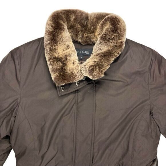 Anne Klein Rabbit Fur Trimmed Coat Sz M Brown Down Filled Belted Classic Jacket - Picture 2 of 16